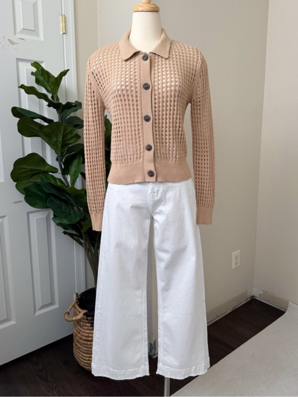 Mango Open-Weave tan Button-Front Cardigan